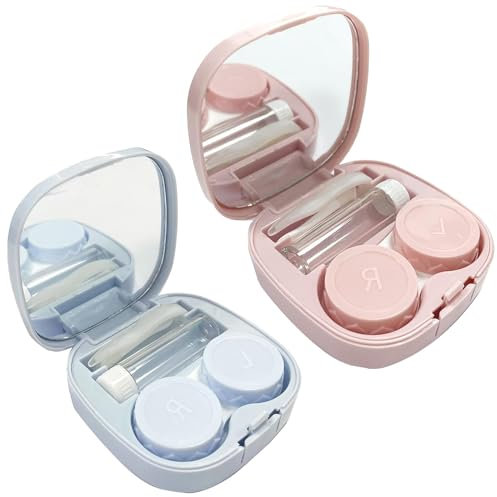 2 PCS Travel Contact Lens Case with Mirror, Portable and Leakproof Contact Lens Container for Soft Lenses, Compact Contact Lens Case for Travel with Tweezers and Solution Bottle, Perfect Contact Lens
