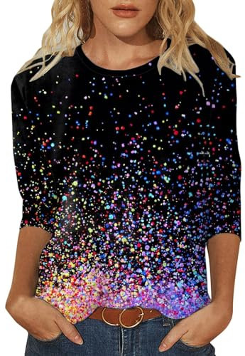 Damen Shirt 3/4 Arm Pailletten Druck Tunika Tops Leichte Oberteile Tops Elegant Blusen Shirt Bequem T-Shirt Stretch Bluse Mode Sommerbluse Weiches Shirt Sommer Lose Oberteil Einfach Tops Tshirt