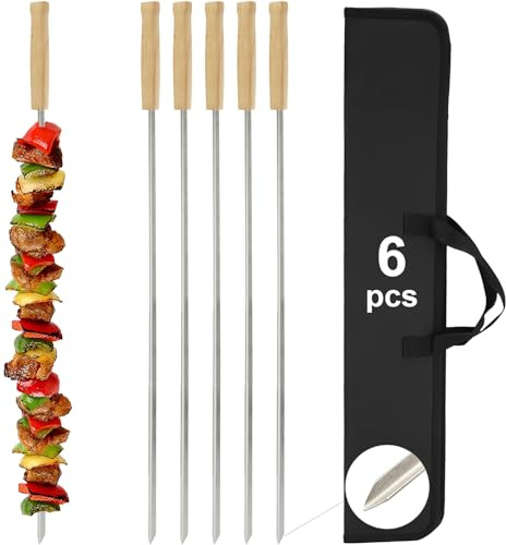 SHIKORI Professional Kabob Skewers, 24 Inch Heavy Duty Large Wide Reusable BBQ Barbecue Skewers, Stainless Steel Sticks with Nonslip Wooden (V-shape-6 Pcs)