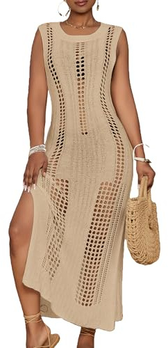 Bsubseach Women Long Sleeveless Crochet Bikini Beach Cover Up Apricot XL