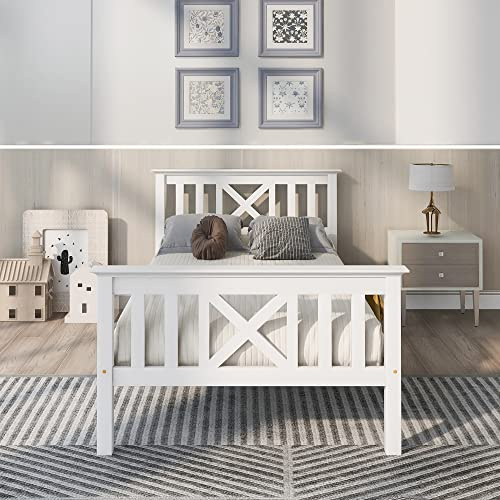 SUKY Cama individual de madera con somier, cama de madera con cabecero de madera maciza de pino macizo (90 x 200 cm)