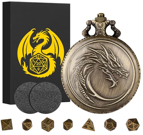 Mini DND Dice Set with Steampunk Dragon Head Totem Pocket Watch Case, Tiny 7PCS Polyhedral Metal D&D Dice, DND Gifts with Gift Box, Role Playing Game Board Game Accessories Dice, Bronze