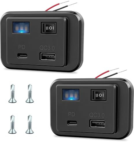 Hoembpn 2Pcs Toma de Cargador de Coche Dual USB C con Interruptor y Luz Nocturna LED PD3.0+QC3.0,DC12V-26V Panel de Enchufes USB Conector Mechero Adaptador para Barco Autocaravana Moto camper Camion