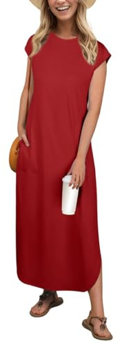 PrinStory Robe longue d'été sans manches pour femme, avec poches, col rond, robe de plage