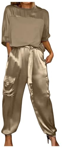 pvucpot Set estivo da donna, 2 pezzi, in raso, per feste, eleganti, 2 pezzi, per matrimonio, maniche a 3/4 + pantaloni sportivi a vita alta, in due pezzi, per il tempo libero con lacci