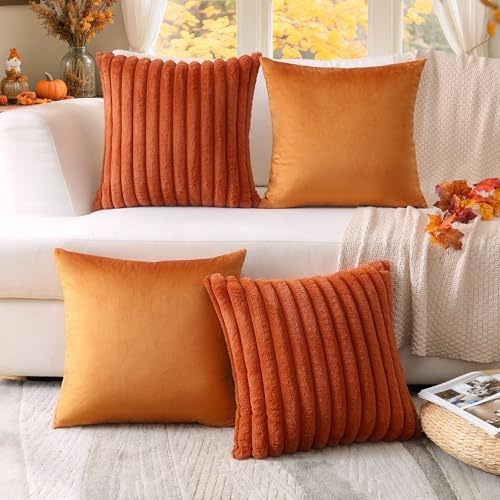Sungeek Set of 4 Autumn Decorative Cushion Covers 50x50cm Soft Velvet Cozy Faux Rabbit Fur Striped Pillow Covers Orange Rust Fall Throw Pillow Cases Home Decor for Sofa Couch Bed Farmhouse Patio