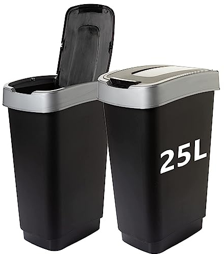 SUSTANIA 25L Mülleimer 2er Set Schwarz mit Schwingdeckel - Schlanker Abfalleimer für Küche, Büro und Zuhause - Moderne Kunststoff Mülltonne