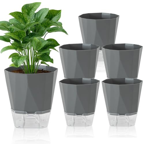 Set di 6 vasi autoirriganti, 12,5 cm, con sistema di irrigazione in effetto avorio, con serbatoio di acqua trasparente, per balcone e interni (grigio medio)