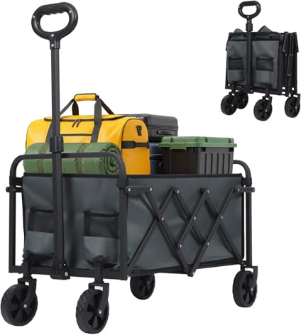 Panana Folding Trolley With Wide Wheels, Foldable Wagon, Portable Camping Cart, Collapsible Trolly With Adjustable Handle, Shopping Trolley Foldaway for Easy Storage (Grey, 80L)