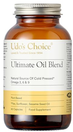 Udo's Choice Ultimate Oil Blend Capsules - Vegan Omega 3 6 9 from Cold-Pressed Plant Oils - Flaxseed, Evening Primrose, Sunflower - Heart, Brain, Skin, Hormone Support - 60 Capsules – 30 Servings