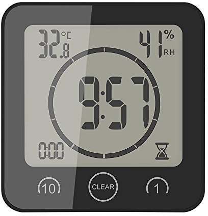 AOZBZ Shower Wall Clock, Digital Kitchen Timer with Alarm, Waterproof Touch Screen Timer, Temperature Humidity Display with Suction Cup Hanging Hole (Black)