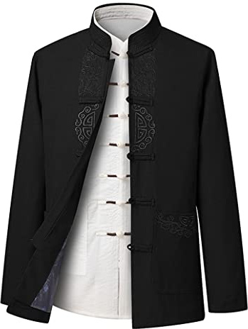 ZHOUXIAO Tang Suit Men Chinese Traditional Clothes Long Sleeve HanFu Kung Fu Uniform Jacket Tops, Tai Chi Uniform Chinese Martial Arts Uniform Meditation Suit black-L