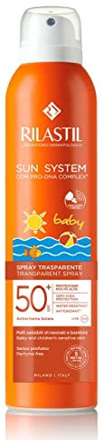 Rilastil Sun System Baby Transparent Spray SPF50+, Spray Corpo Bambini Trasparente, Previene Scottature, Macchie ed Eritemi, Pelli Delicate, Resistente all' Acqua, Senza Profumo, 200ml