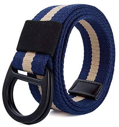 Elegantyl Cinturón de hebilla de doble anillo táctico de lona a rayas, cinturón trenzado de nailon para hombre y mujer, informal, versátil, para vaqueros, 115cm