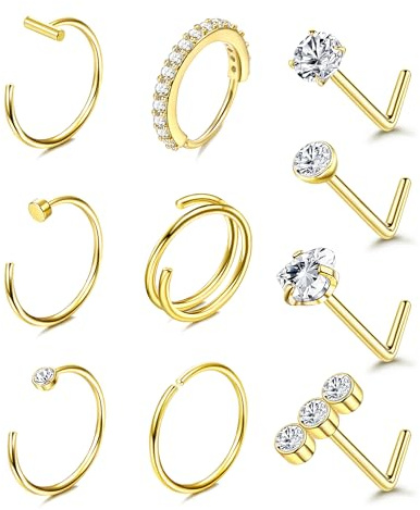 14K Gold Filled Nose Ring Studs 20G Nose Rings Hoops Stud 316L Stainless Steel Nose Rings Round CZ Heart L Shaped Nose Stud Hypoallergenic Nostril Piercing Jewelry for Women Men 10Pcs