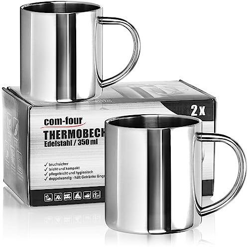 com-four® 2x Tazas térmicas de acero inoxidable - 350 ml por taza - Taza aislante de doble pared - Taza de café irrompible - Taza térmica para beber (350ml V2)