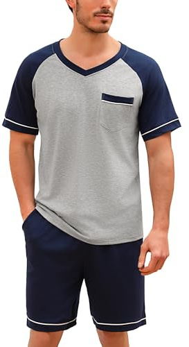 Irdcomps Pyjama Homme Coton Été Ensembles de Pyjama Ete Court Doux à Manches Courtes col V Vêtements de Nuit Short Vêtements de Détente Couleurs Contrastées Ensemble Pyjama Estival Bleu Foncé L