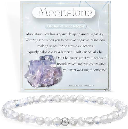 Farfume Piedra Lunar Protección Pulseras de Cuentas para las Mujeres, Mini 4mm Cristal Plata de Ley 925 Piedra Natural Elástica, Joyería Chakra Regalo Delicada