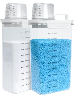 Hniuyun Washing Powder Storage, 2300ml Laundry Detergent Dispenser with Scale and Measuring Cup, Clear Detergent Container For for Fabric Softener, Bleach, Powder, Beads (2 Pack)