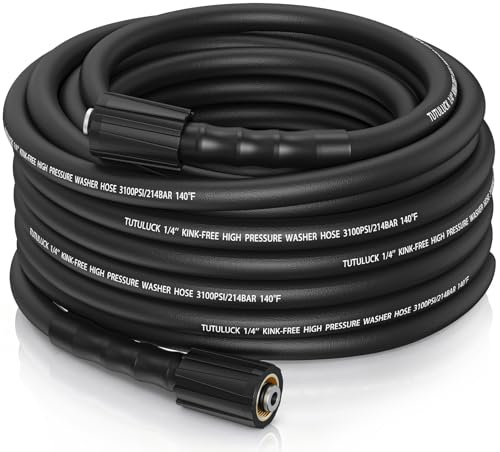 TUTULUCK Super Flexible Kink Resistant Prevent leakage Pressure Washer Hose 50 FT,Black 1/4,M22 threads 3100 PSI High Pressure Washer for Ryobi, Troy Bilt, Greenworks, Generachouse etc.
