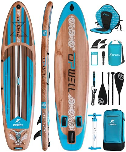 UPWELL 350x84x15cm Aufblasbares Breites Stand Up Paddling Board mit Sitz, Sup Paddle Boards für Erwachsene und 2 Personen, Timber