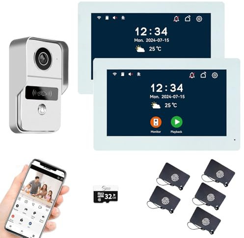 2-cable de vídeo sistema de intercomunicación de apartamentos 1080P de la cámara de 7 pulgadas de monitor, WiFi kit de teléfono de la puerta de vídeo para el hogar (1 blanco Timbre+ 2 blanco Monitor)