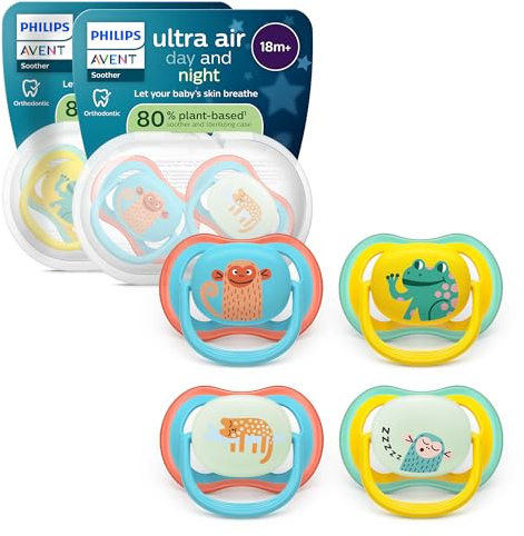 Philips Avent Sucettes ultra air Day et Night - Tétines orthodontiques, pour bébés de 18 mois et plus, version phosphorescente, téterelle ultra-ferme d'origine végétale, sans BPA, lot de 4, SCF349/56