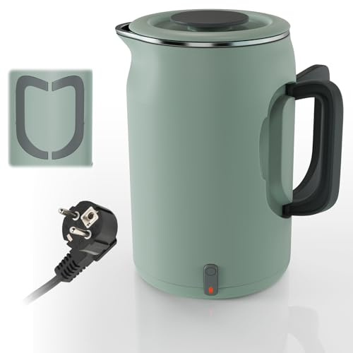 Emooncn Reise Wasserkocher Klein 600ml Tragbarer Reisewasserkocher Edelstahl mit Klappbarer Griff Mini Wasserkocher Reise Unterwegs Camping 400W,BPA Frei(Eurostecker)