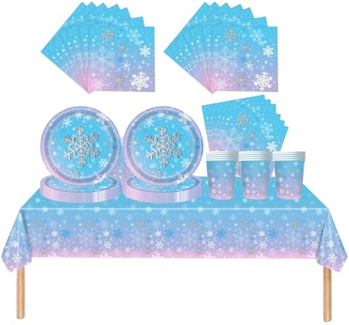 Fuwraixis Frozen Stoviglie per feste, 61 pezzi Fiocchi di neve Stoviglie per compleanni per bambini, Tema neve e ghiaccio Set di piatti di carta per feste, Compresi bicchieri, tovaglioli e tovaglie