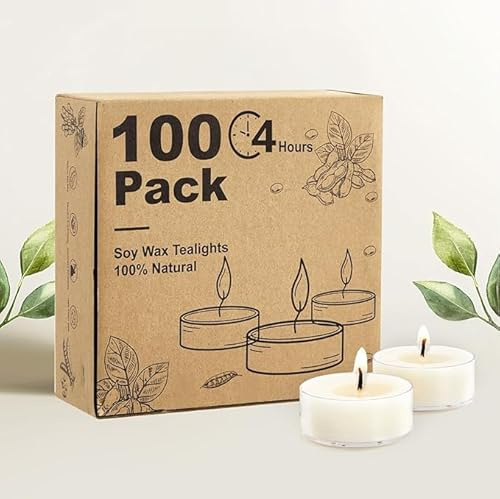 Ashlux Lot de 100 bougies chauffe-plat en cire de soja, sans odeur, sans fumée et sans paraffine, 4 heures de combustion, avec coque en acrylique pour Noël, mariage, fête et décoration