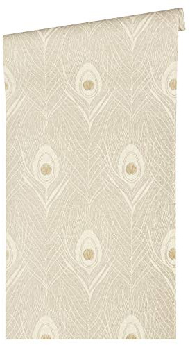 Architects Paper Absolutely Chic 369717 36971-7 Non-Woven Wallpaper with Peacock Feather 10.05 m x 0.53 m Beige Grey Metallic Made in Germany