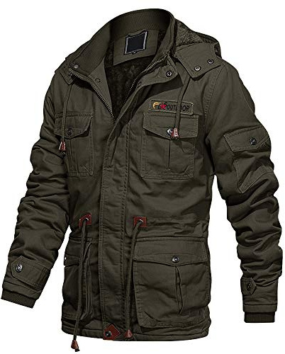 EKLENTSON Army Green Winter Jacket Cotton Thick Warm Cargo Coat Military Windbreaker Removable Hood, Army Green, L