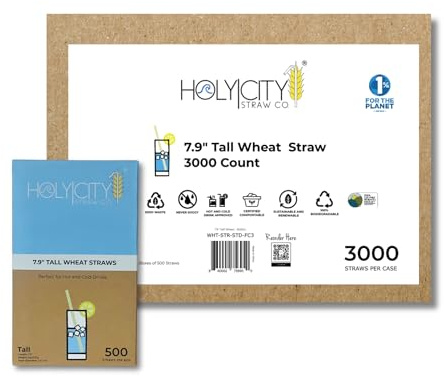 Holy City Straw Co. Premium Tall Wheat Stem Straws | 3000ct. | 7.75 | Certified Compostable, 100% Plant-Based, Never Soggy, Gluten-Free | Sustainable Alternative to Plastic & Bioplastic Straws