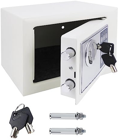 Electronic Safe, 4.6L Digital Security Safe Box with Keypad and Emergency Override Key, Wall And Floor Fixings, Fireproof WallSafes CashBoxes for Home Office Hotel, 23x17x17cm, White