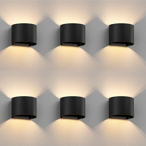 ledscom.de 6 Stück Wandleuchte RUNEL für außen, schwarz, IP65, Up & Downlight + LED Lampe 501lm, warmweiß