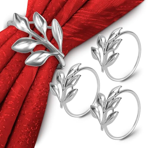 Set of 20 Silver Napkin Rings - Decorative Silver Napkin Rings Set | Napkin Ring Holders with Elegant Leaf Design for Weddings, Birthdays, Parties and Special Occasions, Festive Holiday Table Decor