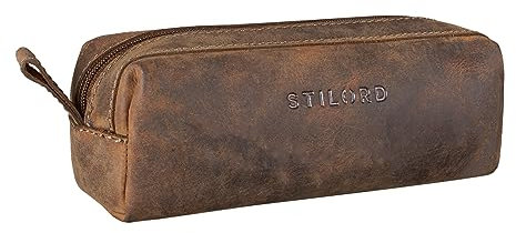 STILORD 'Linus' Etui Leder Vintage Herren Damen Stifteetui Lederetui Federmappe quadratisch Stiftetasche Büffelleder, Farbe:Calais - braun