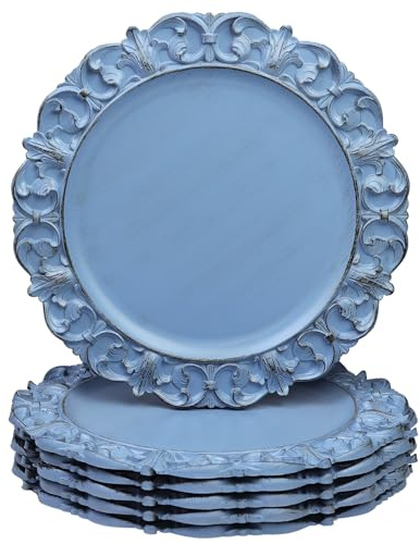 Leemxiiny 13 Antique Blue Charger Plates, Set of 6 Plastic Textured Chargers for Dinner Plates with Embossed Rim, Table Décor, Party, Wedding, Holiday