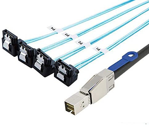 Allowish Mini SAS HD SFF-8644 med IC till 4 portar SATA 7P hona adapterkabel för server (0,5 m, svart)