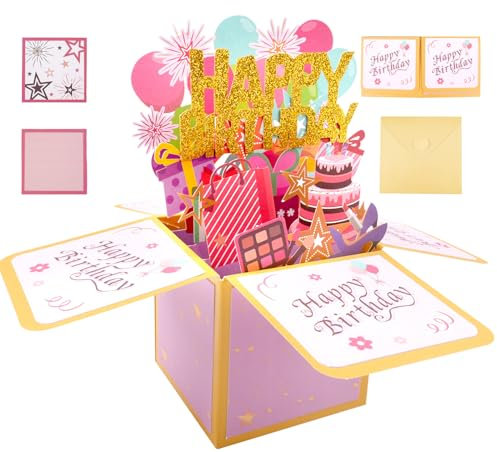 WINKIO Geburtstag Karte Pop Up, 3D Geburtstagskarte mit Umschlag, Happy Birthday Card Geschenke Geburtstagskarte Kreative Geburtstagsgeschenk für Kinder Mama Frauen Männer Romantik Jahrgang