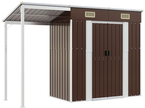 Gecheer Utomhusförvaring skjul metall trädgårdsverktyg skjul verktyg förvaring hus vedförvaring skjul utomhus cykel skjul med utökat tak och dörr brun 277 x 110,5 x 181 cm stål