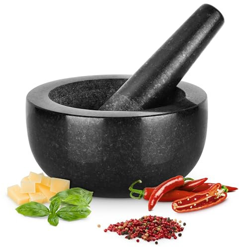 GOURMEO Mortero Cocina con Maza - Juego de Mortero Granito y Maja 16 cm - Molcajete para Moler Especias Guacamole Pesto Nueces Alioli Mojito - Capacidad 400-500 ml - Granito Negro