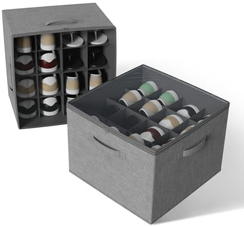 HMAKGG Schuh Organizer für Schrank – Passt 16 Paare, Schuhorganizer Platzsparend, Große Schuhaufbewahrung mit Staubschutz Deckel & 3 Griffen, Verstellbaren Trennwände, Faltbare Schuhboxen Grau