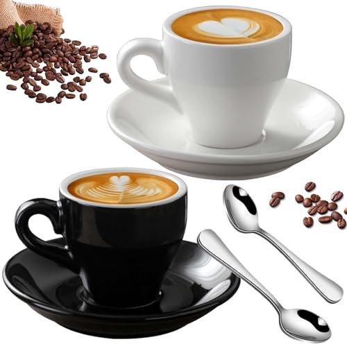 Asfrode Espressotassen Set, 2 Stück 80 ml Tasse Extra Dickwandig aus Porzellan mit Untertasse und Löffeln Edelstahl für Mokka Macchiato Tee Espresso