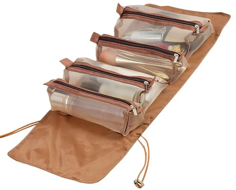 Trousse de toilette enroulable de voyage pour maquillage - Organiseur de voyage pliable pour femme avec 4 compartiments zippés, Café noir, Refer to description, Unisexe