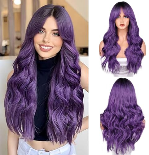 Fulang Hair Perruque longue ondulée violette pour femmes, perruque longue bouclée résistante à la chaleur en fibre synthétique perruque ombre avec racines foncées perruque femme cheveux naturels pour