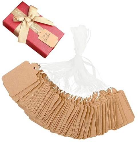 200 stycken presentetiketter kraftpapper, 3 x 4,8 cm kraftpapper hängen prislappar, kraftpappersetiketter, prislappar, etiketter med tråd för kläder, smyckesdisplay