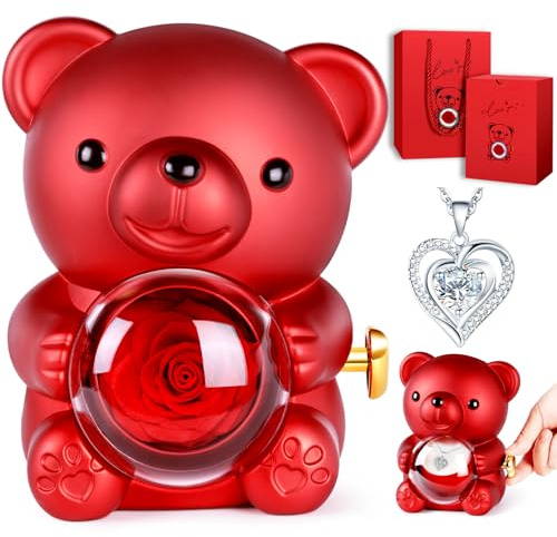 goldmiky Rosa Eterna Natural Preservada,Flor Eterna con Osito,Rosa Eterna Oso de Rosas,Original Navidad Regalos para Madre Novia Ella Cumpleaños Día de San Aniversario (Diamante blanco)