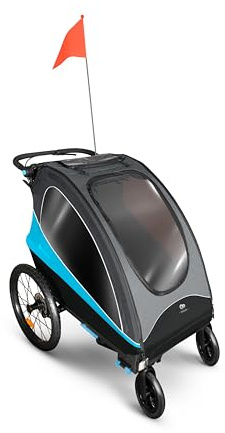 Kinderkraft NAVA 3 in 1, Children's Trailer, Stroller, Jogger, Pram, Bicycle Trailer, for one or Two Children, 2x22 kg, Rain Cover, Insect Protection, Blue