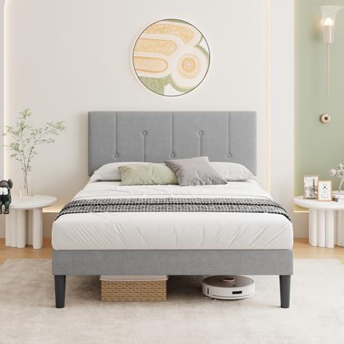 Vesgantti Linen King Bed Frame with Adjustable Headboard, Solid Wooden Slats & Upholstered Platform, Easy Assembly, No Box Spring Needed, Under Bed Storage, 5FT King Bed, 150 x 200 cm, Light Grey